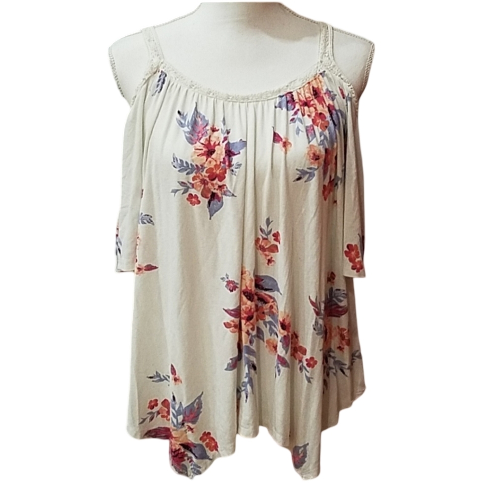 Y2K Vintage Boho Lagenlook Floral Flowy Crochet Cold Shoulder Blouse Top Sz MED